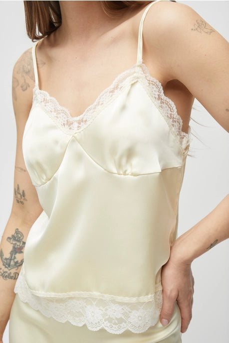 The Sera Satin Lace Tank in Butter Yellow