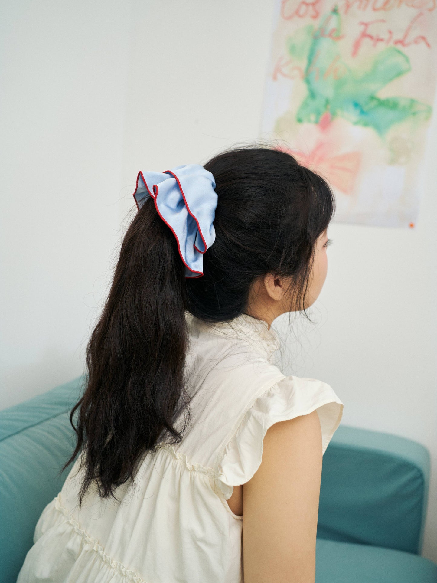 Double-Layer Oversized Silk Scrunchie in Pastel Blue