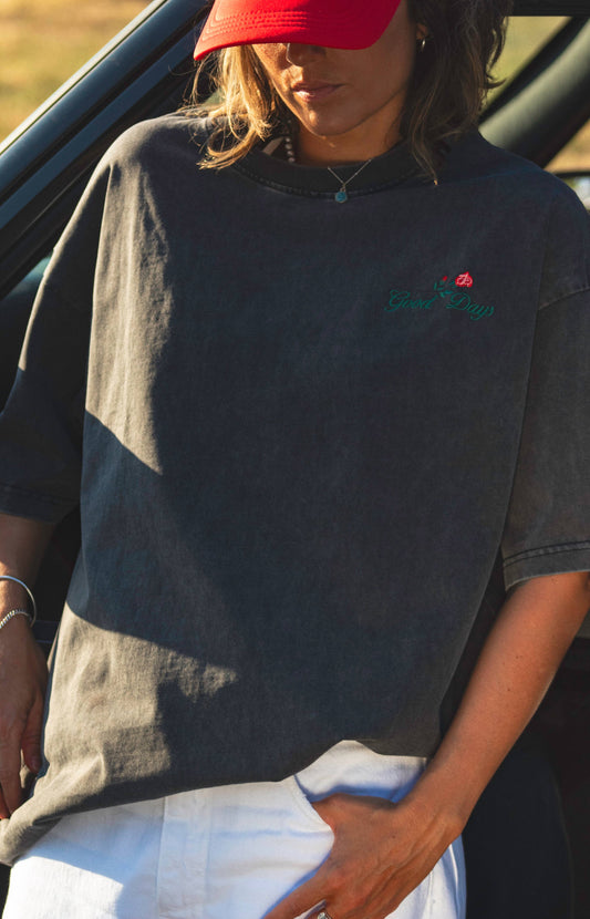 Good Days Rose Retro Oversized Tee in Faded Black