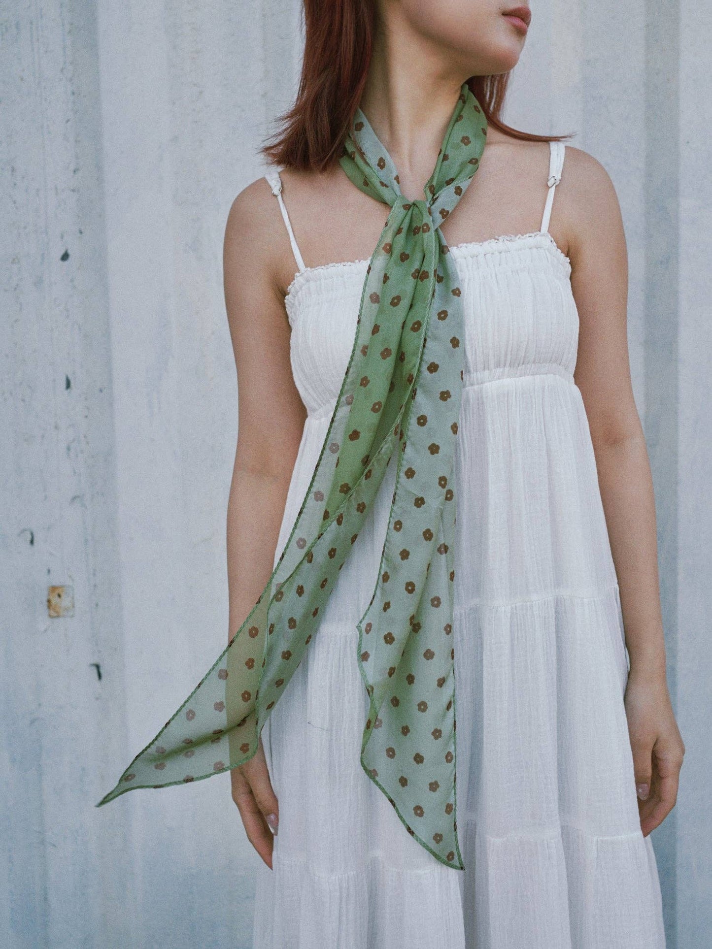 Petal Veil Silk Chiffon Neck Scarf in Matcha Green