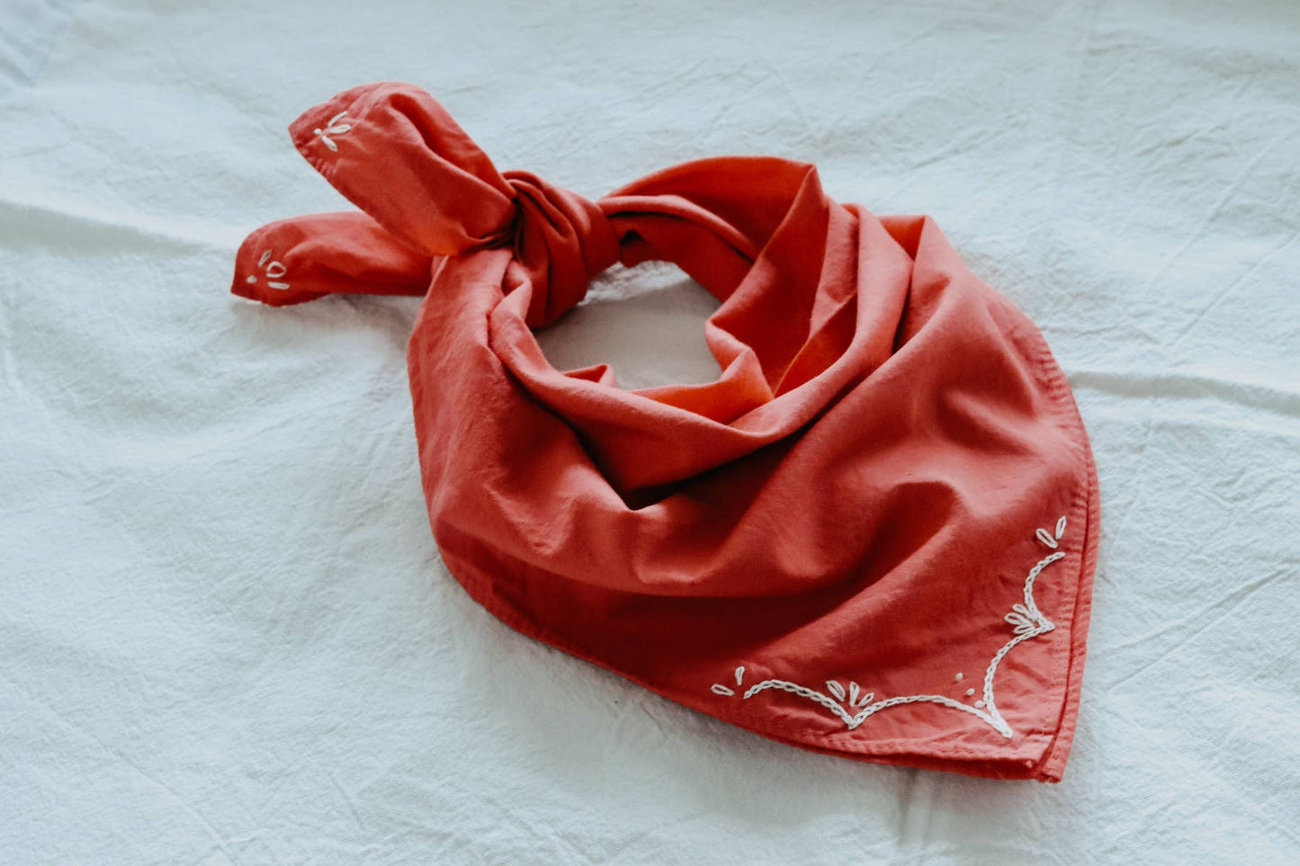 Hand-dyed embroidered retro cotton bandana in crimson red/cream thread