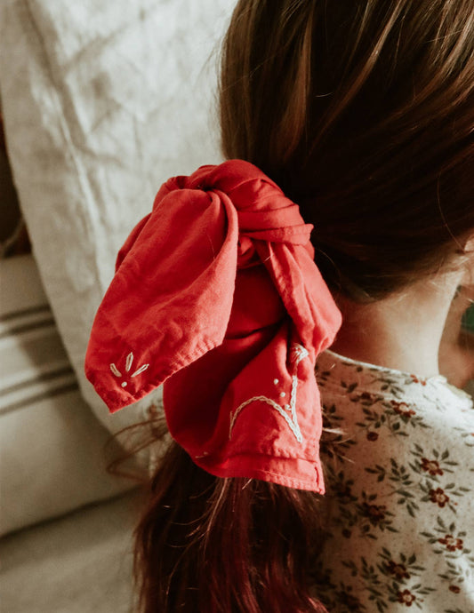 Hand-dyed embroidered retro cotton bandana in crimson red/cream thread