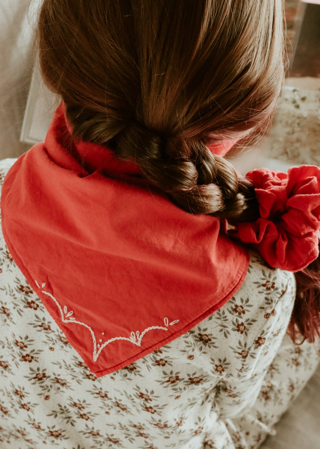 Hand-dyed embroidered retro cotton bandana in crimson red/cream thread