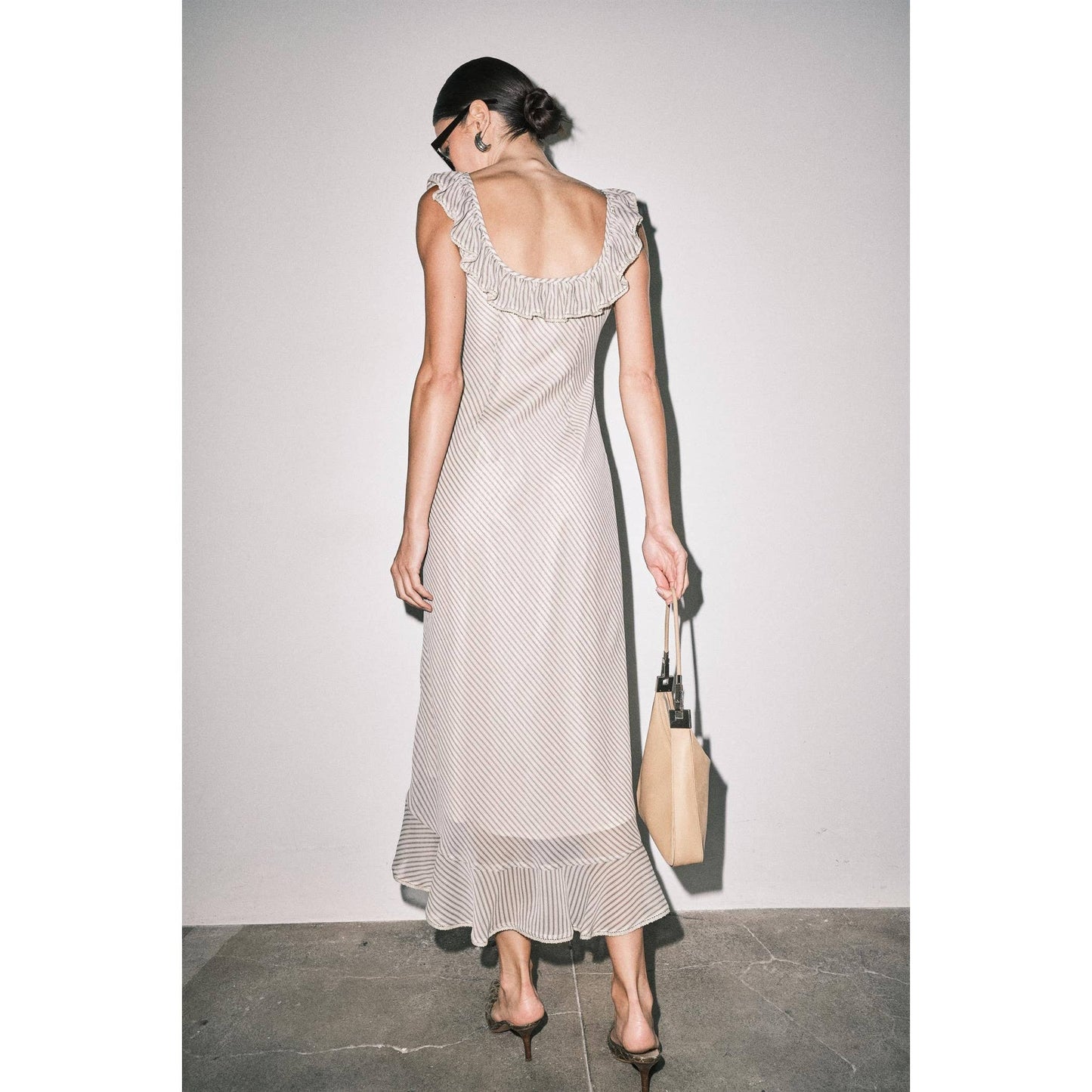 Diana Chiffon Ruffle Trim Striped Midi Dress