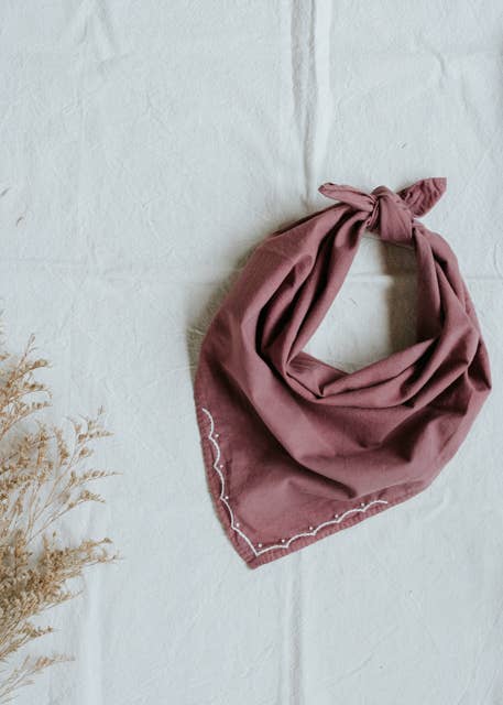Hand-dyed embroidered retro cotton bandana in mulberry/cream thread