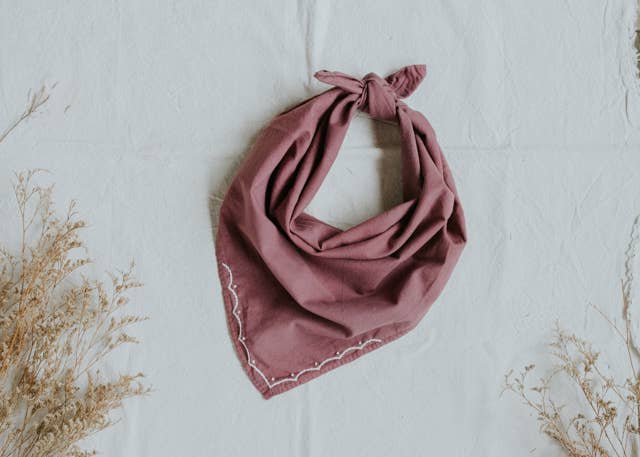 Hand-dyed embroidered retro cotton bandana in mulberry/cream thread