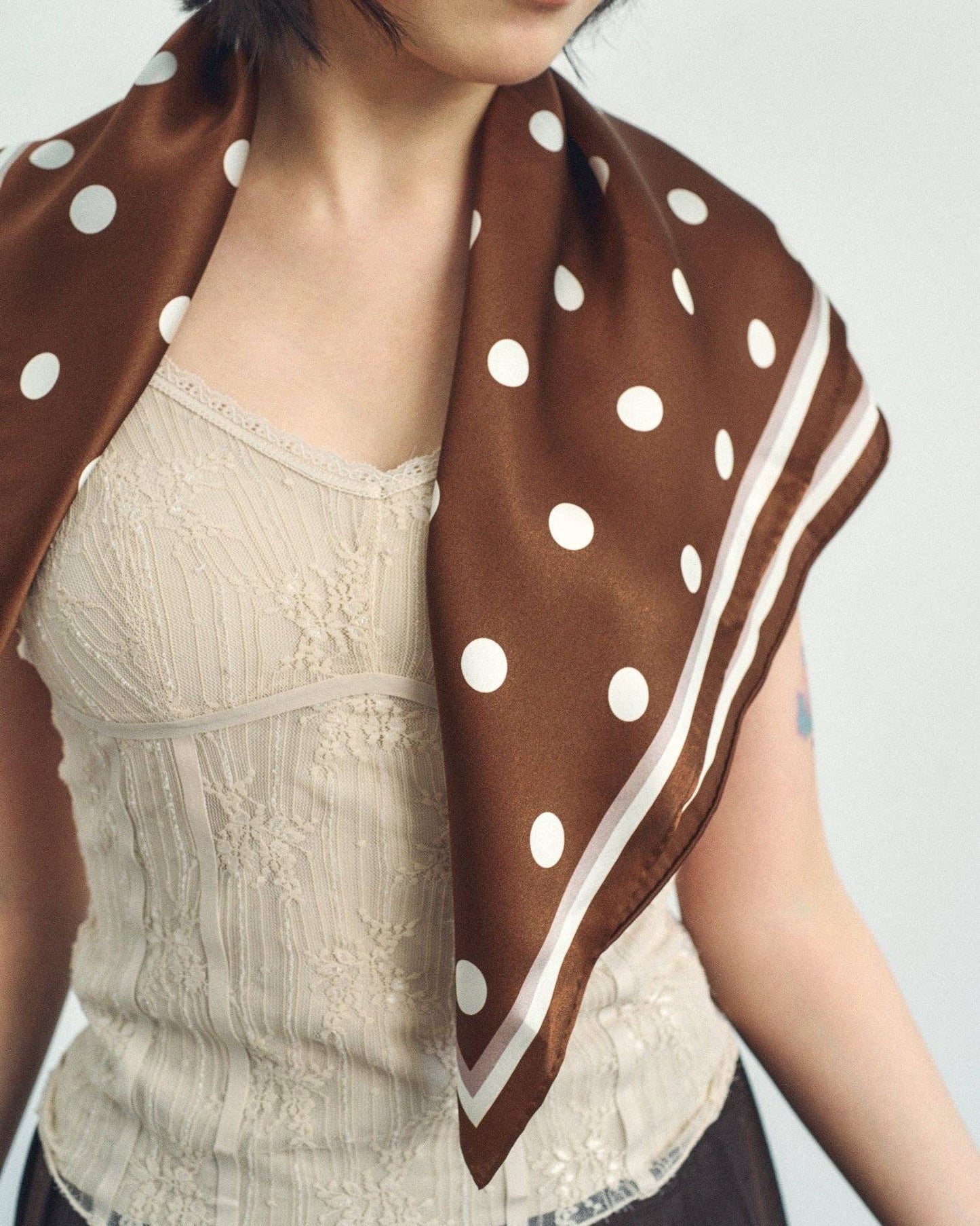 Retro Polka Silk Bandana Scarf in Cafe Au Lait