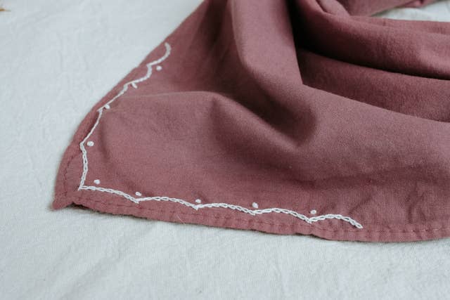 Hand-dyed embroidered retro cotton bandana in mulberry/cream thread