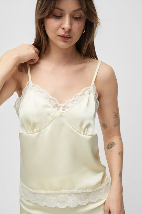The Sera Satin Lace Tank in Butter Yellow