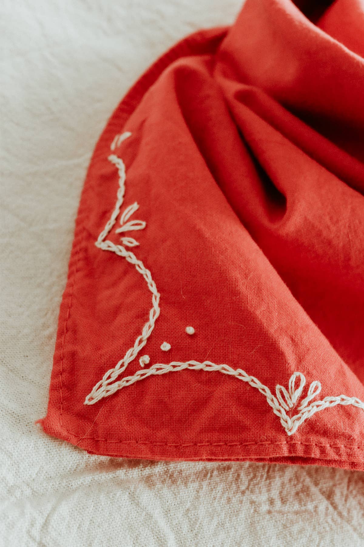 Hand-dyed embroidered retro cotton bandana in crimson red/cream thread