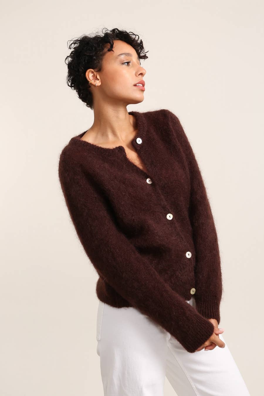 Mohair Chocolate Crew Neck Cardi