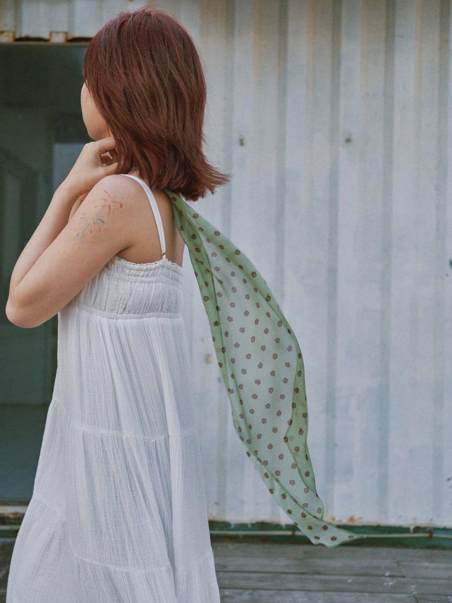 Petal Veil Silk Chiffon Neck Scarf in Matcha Green