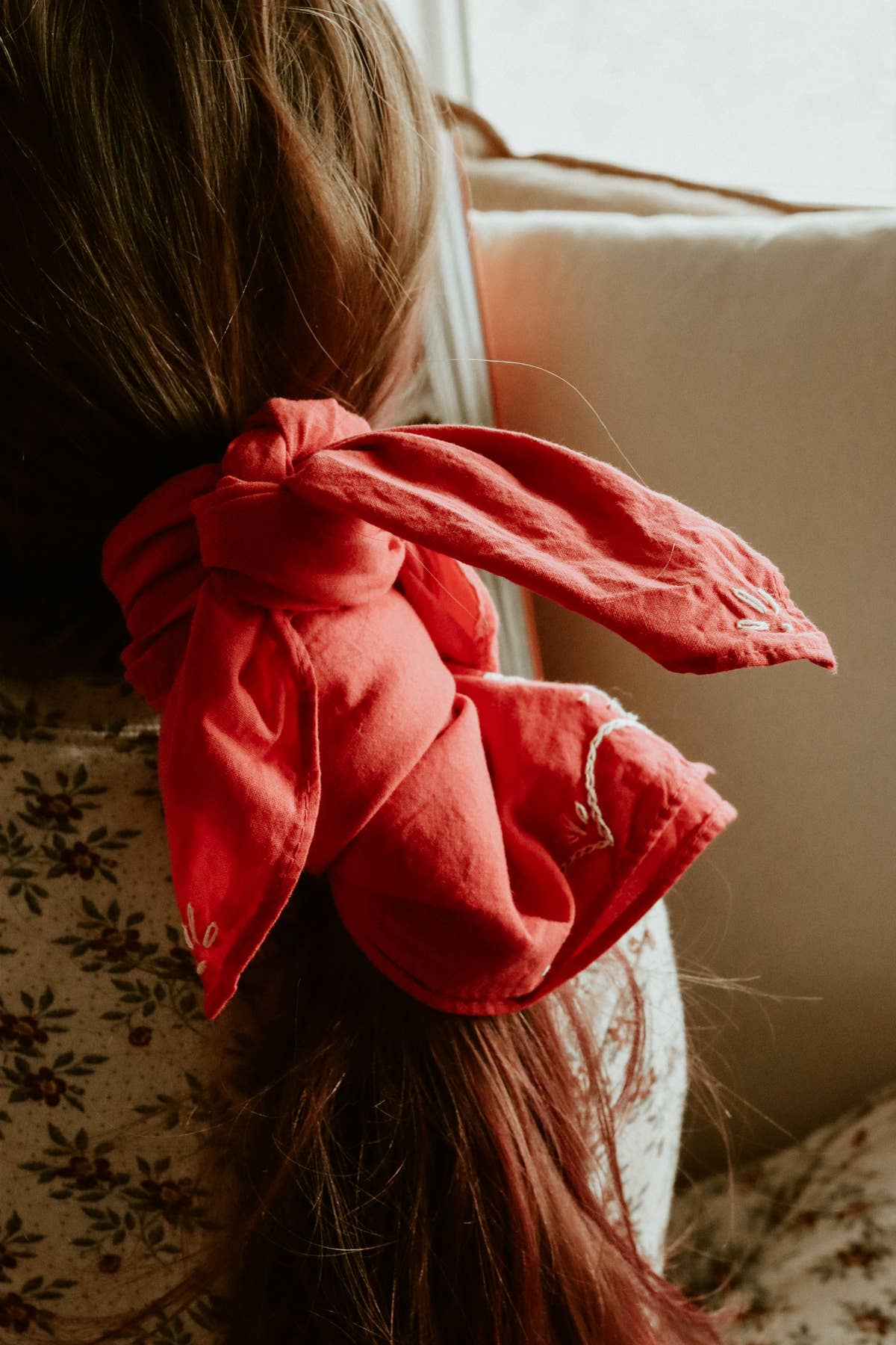 Hand-dyed embroidered retro cotton bandana in crimson red/cream thread