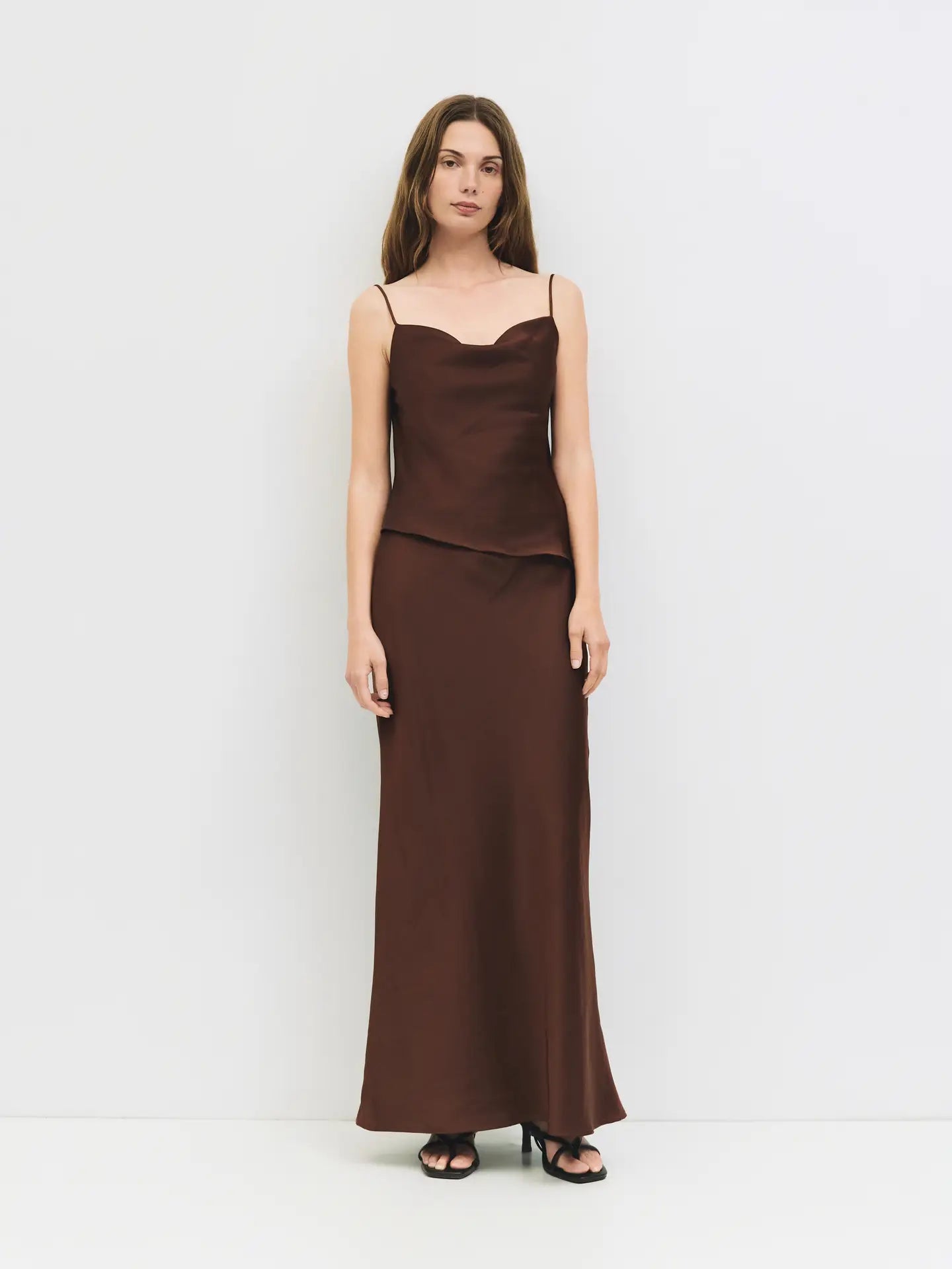 The Elena Satin Maxi Skirt in Mocha