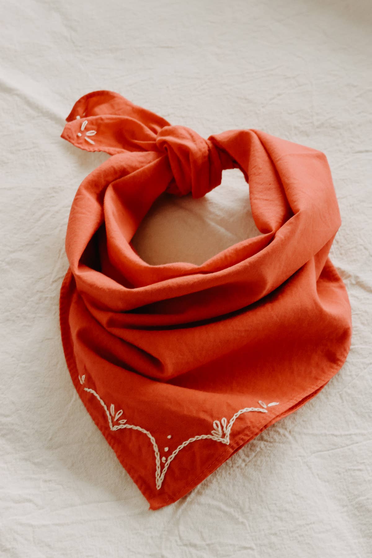 Hand-dyed embroidered retro cotton bandana in crimson red/cream thread