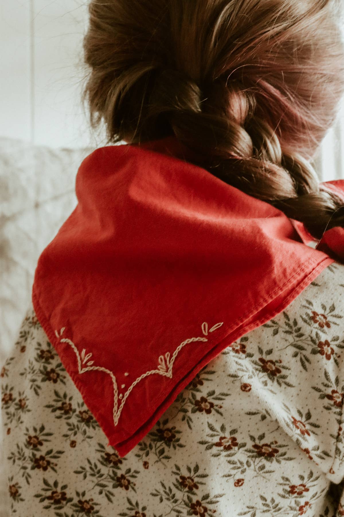 Hand-dyed embroidered retro cotton bandana in crimson red/cream thread